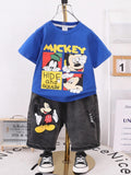 AMIONE Cotton Mickey Cartoon Design Short Sleeve Tshirt and Cropped Denim Jeans Capri Style Clothing Coord Set for Baby Boys & Girls