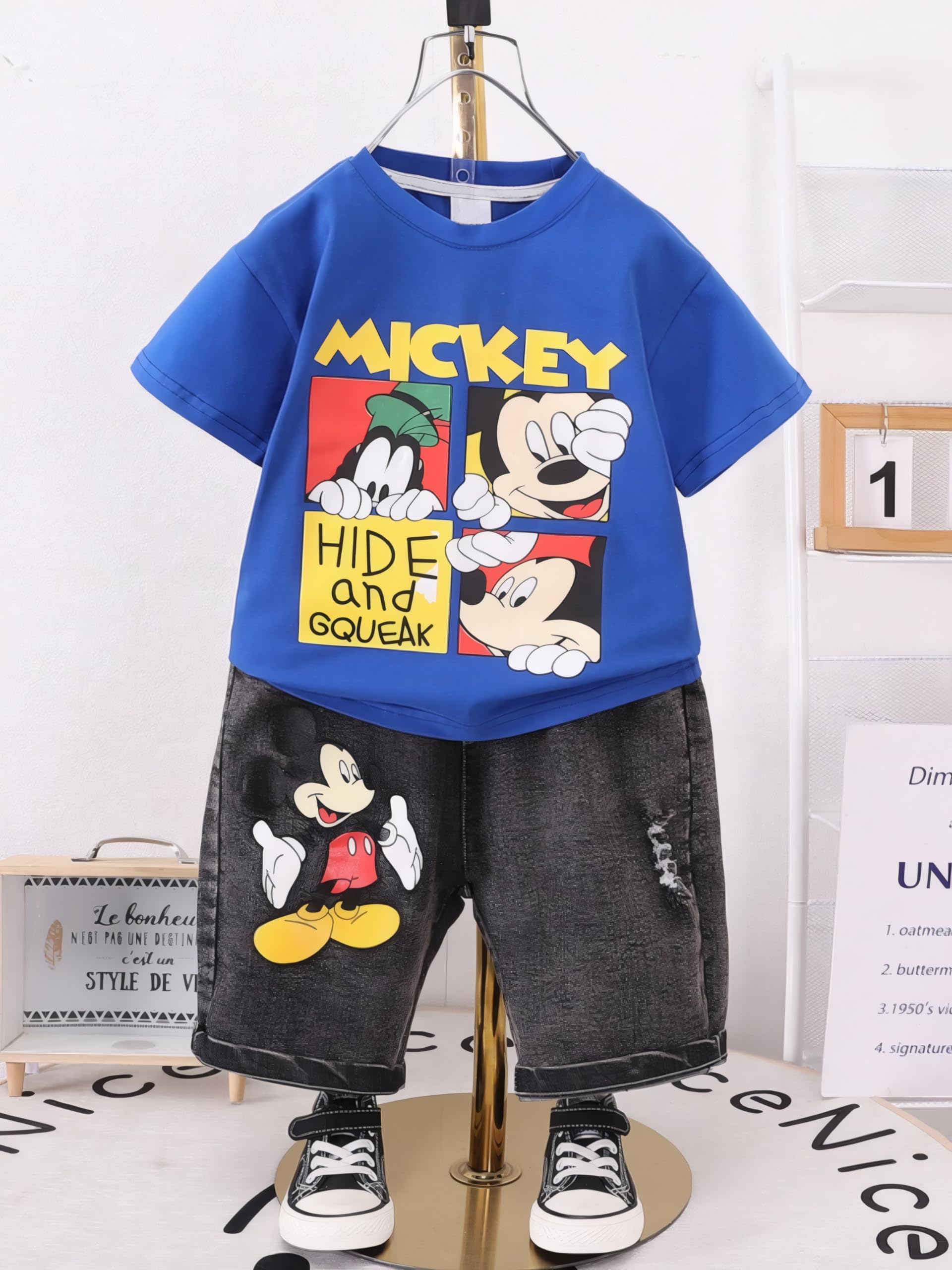 AMIONE Cotton Mickey Cartoon Design Short Sleeve Tshirt and Cropped Denim Jeans Capri Style Clothing Coord Set for Baby Boys & Girls