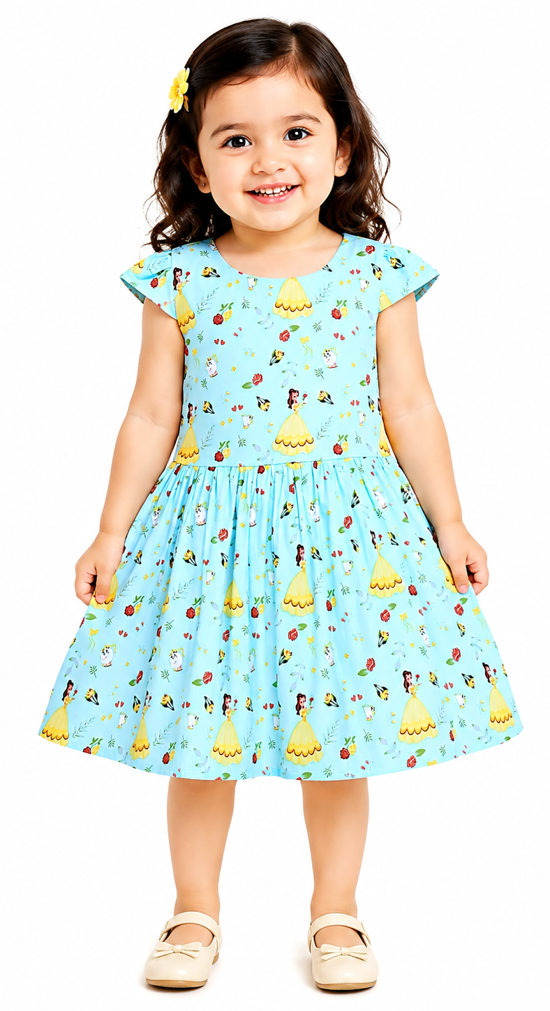 AMIONE Cotton Elegant Fancy Cinderella Printed Design Summer Party Dress Frock for Baby Girls