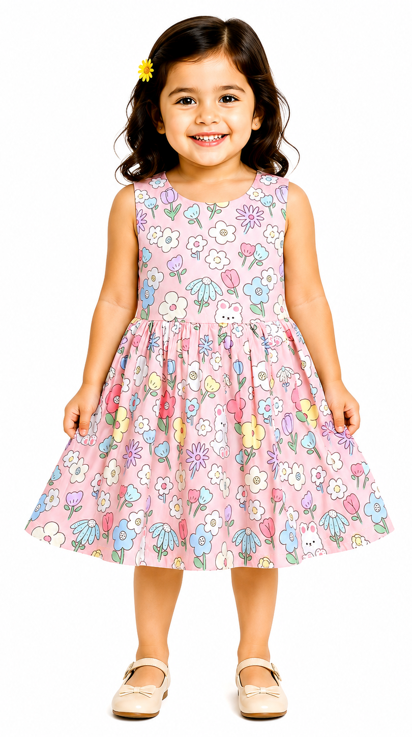 AMIONE Cotton Elegant Fancy Flowers & Bunny Printed Design Summer Party Dress Frock for Baby Girls