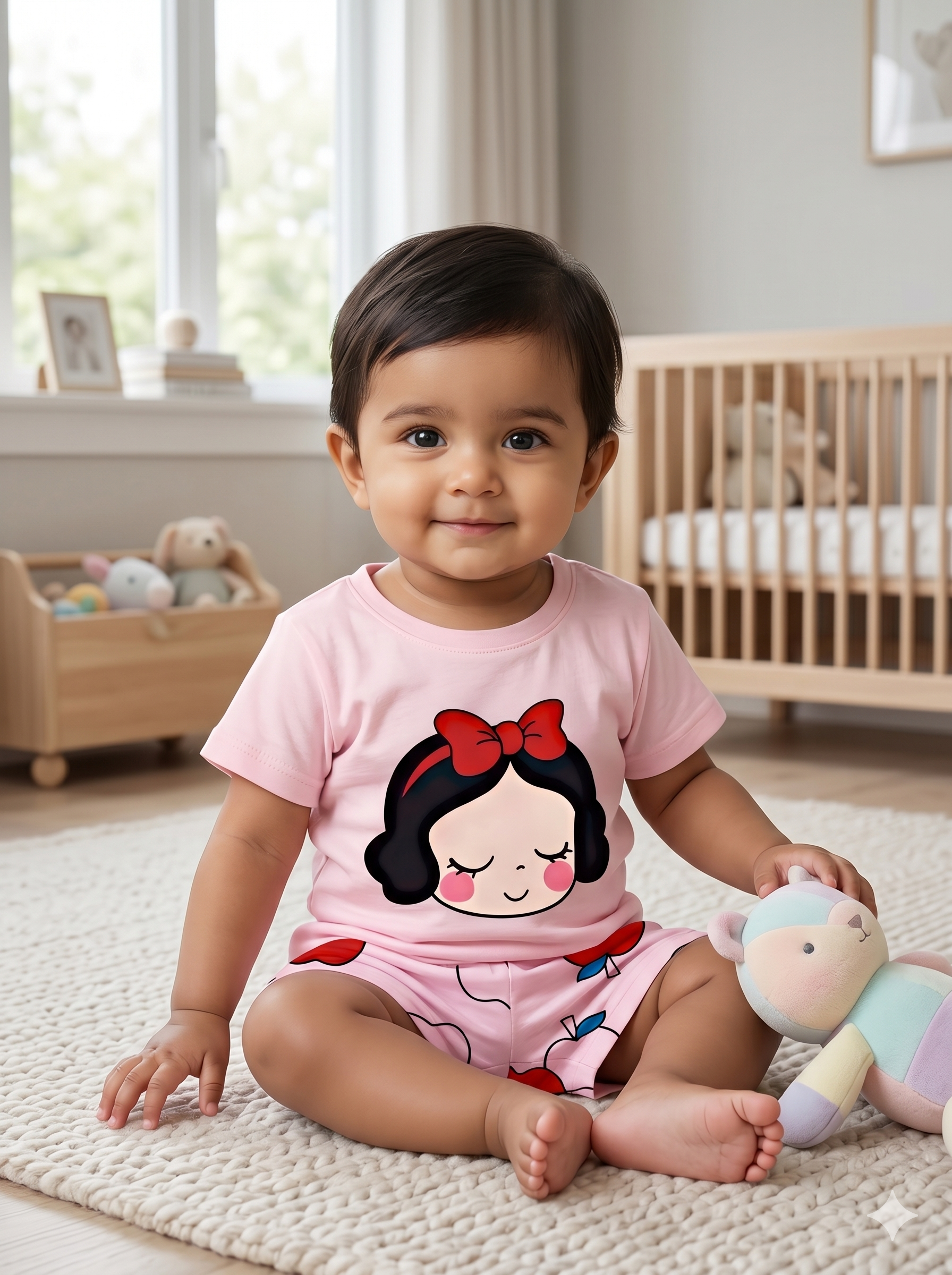 AMIONE Casual Cotton Summer Regular Fit Snow White tshirt Top and Shorts Kids Clothing Set Dress Nightsuit for Baby Girls