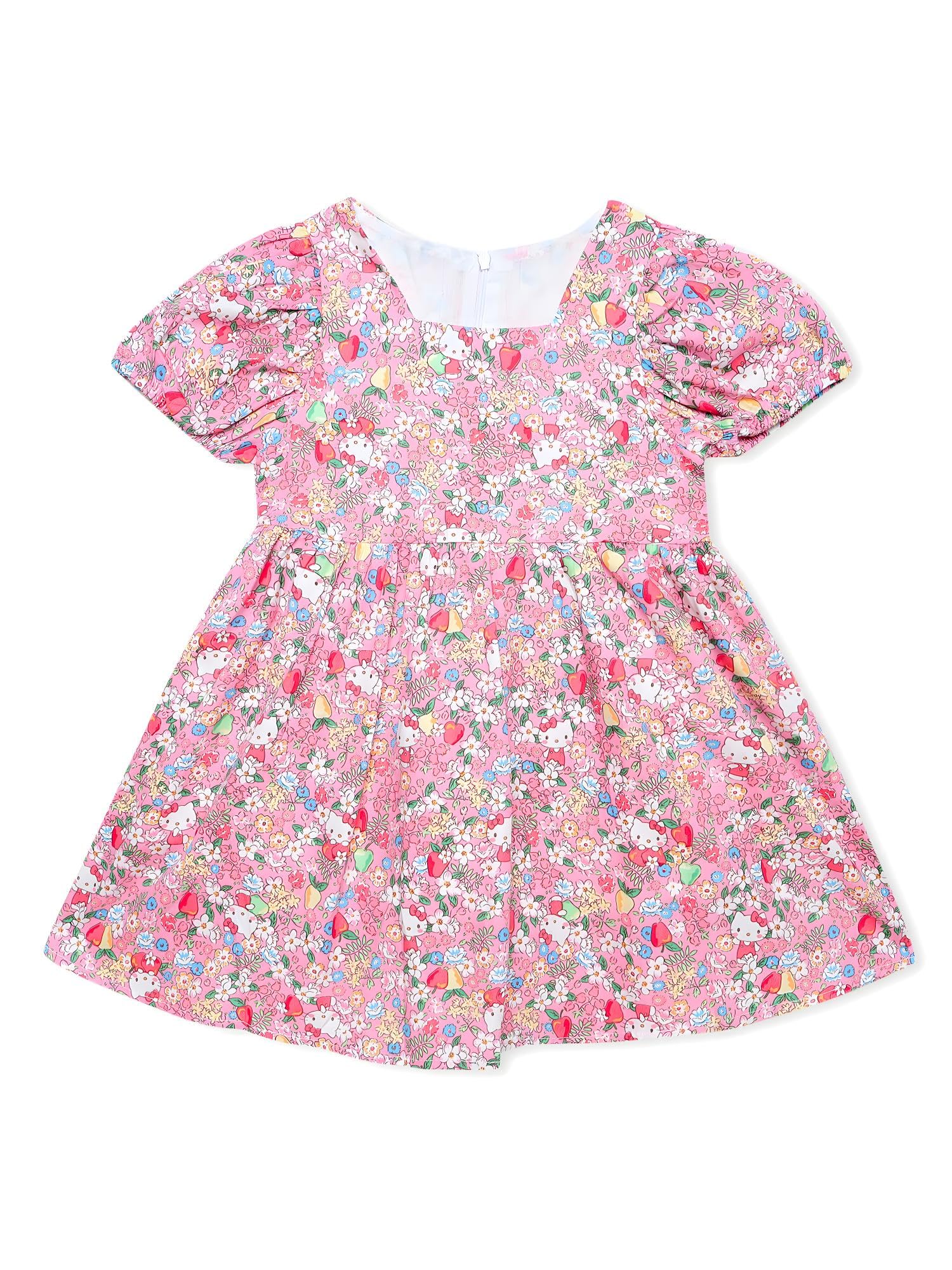 AMIONE Cotton Elegant Fancy Multi Flowers & Kitty on Pink Printed Design Summer Party Dress Frock for Baby Girls
