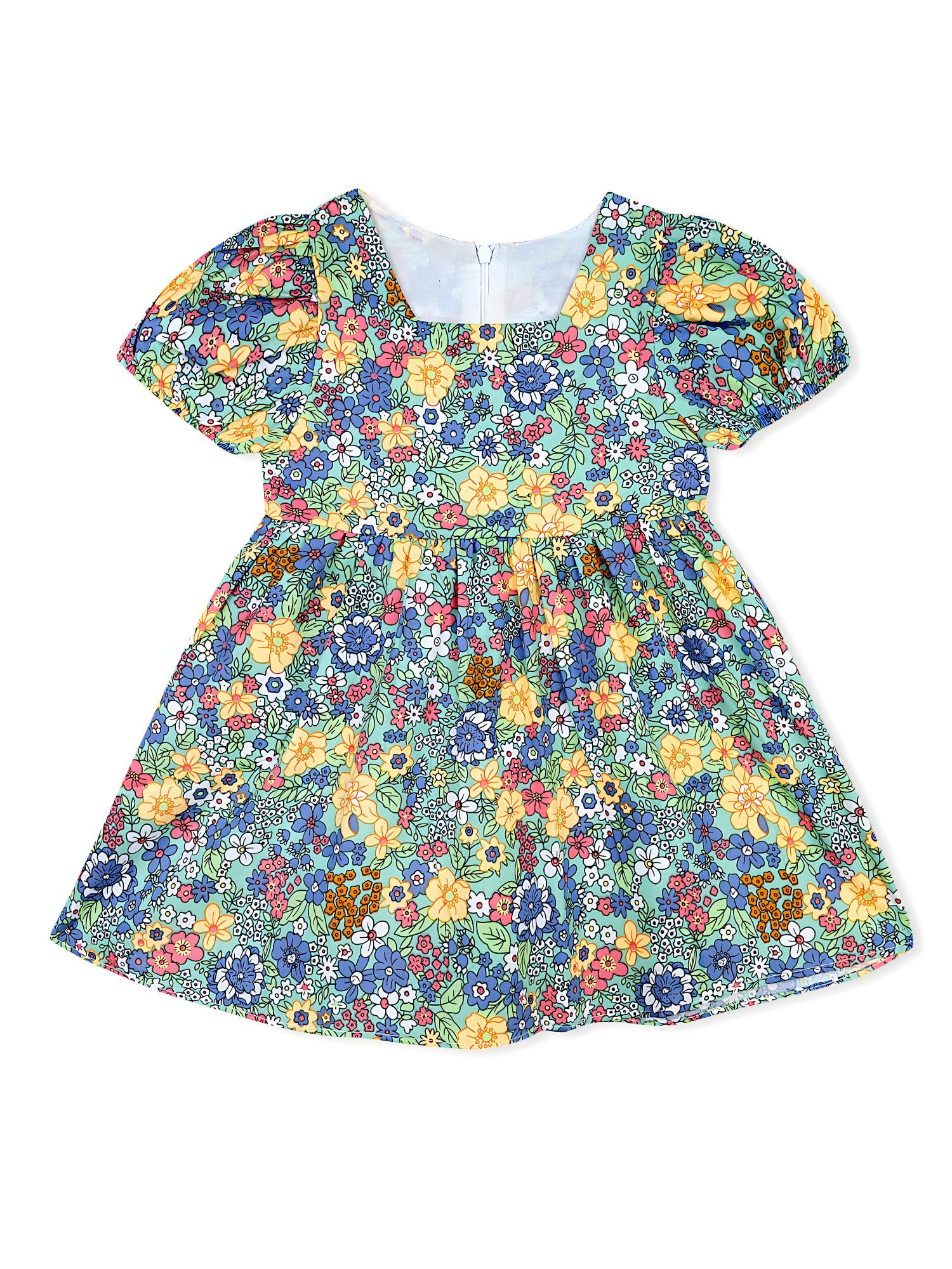 AMIONE Cotton Elegant Fancy Multi Flowers on Green Printed Design Summer Party Dress Frock for Baby Girls